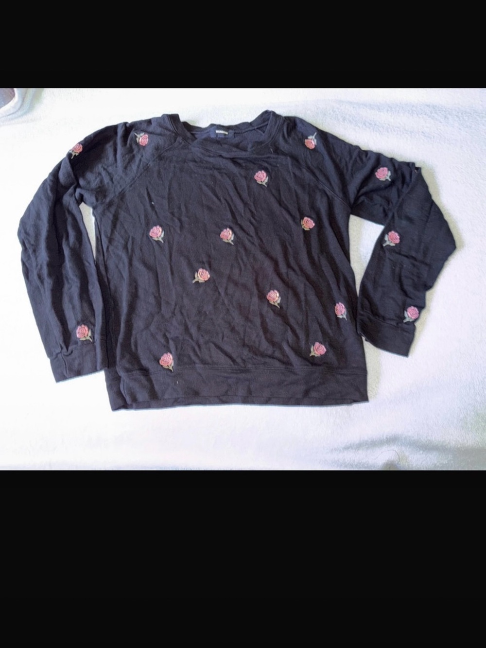 Monrow Black Crewneck Sweater with Pink Rose Embroidery